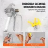 The image shows an airless paint sprayer and its cleaning accessories, surrounded by soap suds. It includes close-up shots of the cleaning needle and brush being used. Produktbild-Vorschau