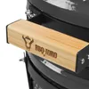Close-up of a wooden handle with a logo and text on a black grill. Produktbild-Vorschau