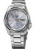 A close-up studio shot of a silver Seiko 5 Sports watch with a light blue dial. Voir les images du produit
