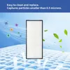 An air filter is shown with graphics illustrating its particle-capturing capabilities and text highlighting its features. Produktbild-Vorschau