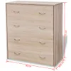 A light brown wooden dresser with four drawers is shown from the front. Dimensions are indicated by measurement lines. Podgląd zdjęcia produktu