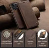 A brown leather phone case for a Xiaomi Redmi Note 13 Pro 5G is displayed on a textured brown background. Several circular insets below highlight product features. Produktbild-Vorschau