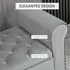 Close-up of a gray upholstered bench, highlighting design features. Produktbild-Vorschau