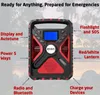 A close-up marketing image of an emergency radio with text overlays highlighting its features. Produktbild-Vorschau