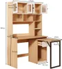 A computer desk with shelves and drawers, shown with dimensions. Náhled obrázku produktu
