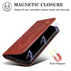 A brown leather phone case is shown open, revealing the phone inside. Lightning effects are overlaid on the phone screen and around the case, suggesting magnetic attraction. Produktbild-Vorschau