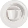 A white ceramic coffee cup is placed on top of a stack of white plates, all arranged on a white background. Anteprima dell’immagine prodotto