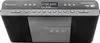A front view of a black and gray portable audio system with a CD player and radio display. Voir les images du produit