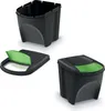 Three views of a black recycling bin with a green accent, shown disassembled and assembled. Anteprima dell’immagine prodotto