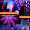 Collage showing people dancing under LED fireworks lights and a person sleeping under the same lights, with app interface shown. Produktbild-Vorschau