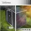 A split image showing a garden shed in different weather conditions. Produktbild-Vorschau