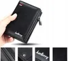 A hand holds a black leather wallet with the brand name 'baellerry' embossed on it. Below the main image are three close-up shots of the wallet's details. Podgląd zdjęcia produktu