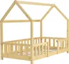 A wooden bed frame with a house-like structure and railings, shown against a white background. Produktbild-Vorschau