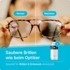 A split image showing eyeglasses before and after cleaning, with a bottle of cleaning solution in the lower right corner. Text highlights the cleaning effect. Produktbild-Vorschau