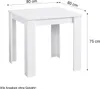 A white square dining table with dimensions indicated. Produktbild-Vorschau