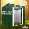 A green metal garden shed with an open sliding door, set against a blurred outdoor background with trees and sunlight. Produktbild-Vorschau