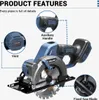 A product features diagram of a cordless circular saw, highlighting its auxiliary handle, vent, and fixed saw blade. Produktbild-Vorschau