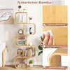 A S-shaped bamboo bookshelf with various items displayed on its shelves, accompanied by descriptive text and close-up images of the material and its features. Podgląd zdjęcia produktu