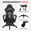 A gaming chair with text and images highlighting its features. Voir les images du produit