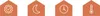 Four icons are displayed in a row, each within an orange house-shaped frame. The icons represent quality assurance, nighttime, time, and temperature. Anteprima dell’immagine prodotto