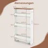 A diagram showing the dimensions of a slim rolling cart with a wooden top and a power strip on the side. Voir les images du produit
