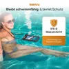 A woman is swimming in a pool with a waterproof phone case around her neck. Produktbild-Vorschau