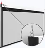 A white projection screen is mounted on a wall, with a close-up inset showing the hanging mechanism. Produktbild-Vorschau