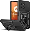 A black phone case with a built-in ring stand and camera cover is displayed alongside a Motorola smartphone. Anteprima dell’immagine prodotto