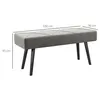 A gray upholstered bench with black legs, shown with dimensions indicated. Produktbild-Vorschau