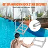 A person in a pool is about to climb onto a dock using a ladder. The ladder is made of aluminum and has two handrails. The water is blue and clear, and the dock is made of wood. There are white curtains hanging from poles on the dock. Produktbild-Vorschau