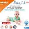 A baby is lying on a disposable underpad, with product branding and information visible. Voir les images du produit