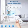 A portable air cooler is shown on a table in a living room setting, with a remote control in a person's hand. Produktbild-Vorschau