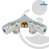 A chrome-plated brass dual device valve with three outlets, presented on a white background with subtle grey graphic elements. Produktbild-Vorschau