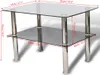 A glass coffee table with chrome legs and a second glass shelf, with dimensions marked on the image. Náhľad obrázku produktu