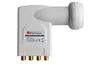 A white satellite LNB (Low-Noise Block downconverter) with a label on its side. Podgląd zdjęcia produktu