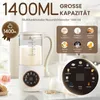 A white multifunctional soy milk maker is shown in a kitchen setting with various drinks and food items. Voir les images du produit