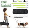A woman is walking a dog while carrying a black bag, with product components and text displayed around them. Voir les images du produit