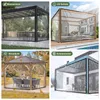 A collage of four images showing transparent covers for outdoor structures like pergolas and gazebos, highlighting their protective features against water, UV rays, wind, and snow. Produktbild-Vorschau