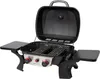 A portable gas grill with its lid open, showing the cooking grates and burners. Produktbild-Vorschau