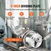 A close-up of a dividing plate on a machine tool, with marketing text and icons overlaid. Produktbild-Vorschau