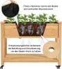 A wooden raised garden bed with plants growing in it, showing features like drainage holes and internal lining. Podgląd zdjęcia produktu
