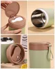 Collage of images showing a green and brown porridge cup from different angles, including its lid and interior. Produktbild-Vorschau