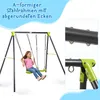 A young girl is happily swinging on a swing set. The image also includes close-up shots of the swing set's frame and connection points, along with descriptive text. Produktbild-Vorschau