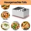 A collage of images showing a tofu press and various dishes made with tofu. Produktbild-Vorschau