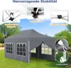 A grey pop-up tent set up on a grassy lawn with detailed close-ups of its features. Náhled obrázku produktu