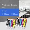 A split image showing marketing text and features on the left, and a modern office interior on the right. In the foreground, two sets of ink cartridges are displayed. Produktbild-Vorschau