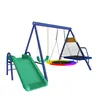 A 3D rendering of a children's playground set with a slide, swings, and a circular trampoline. Produktbild-Vorschau