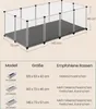 A diagram showing a pet enclosure with dimensions and a table detailing different models, their sizes, and recommended pet breeds. Produktbild-Vorschau