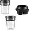 Two glass containers with black lids and a black blender attachment are displayed against a white background. Voir les images du produit