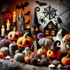 A Halloween-themed arrangement of felted wool pumpkins, ghosts, and spooky decorations, illuminated by candles. Produktbild-Vorschau